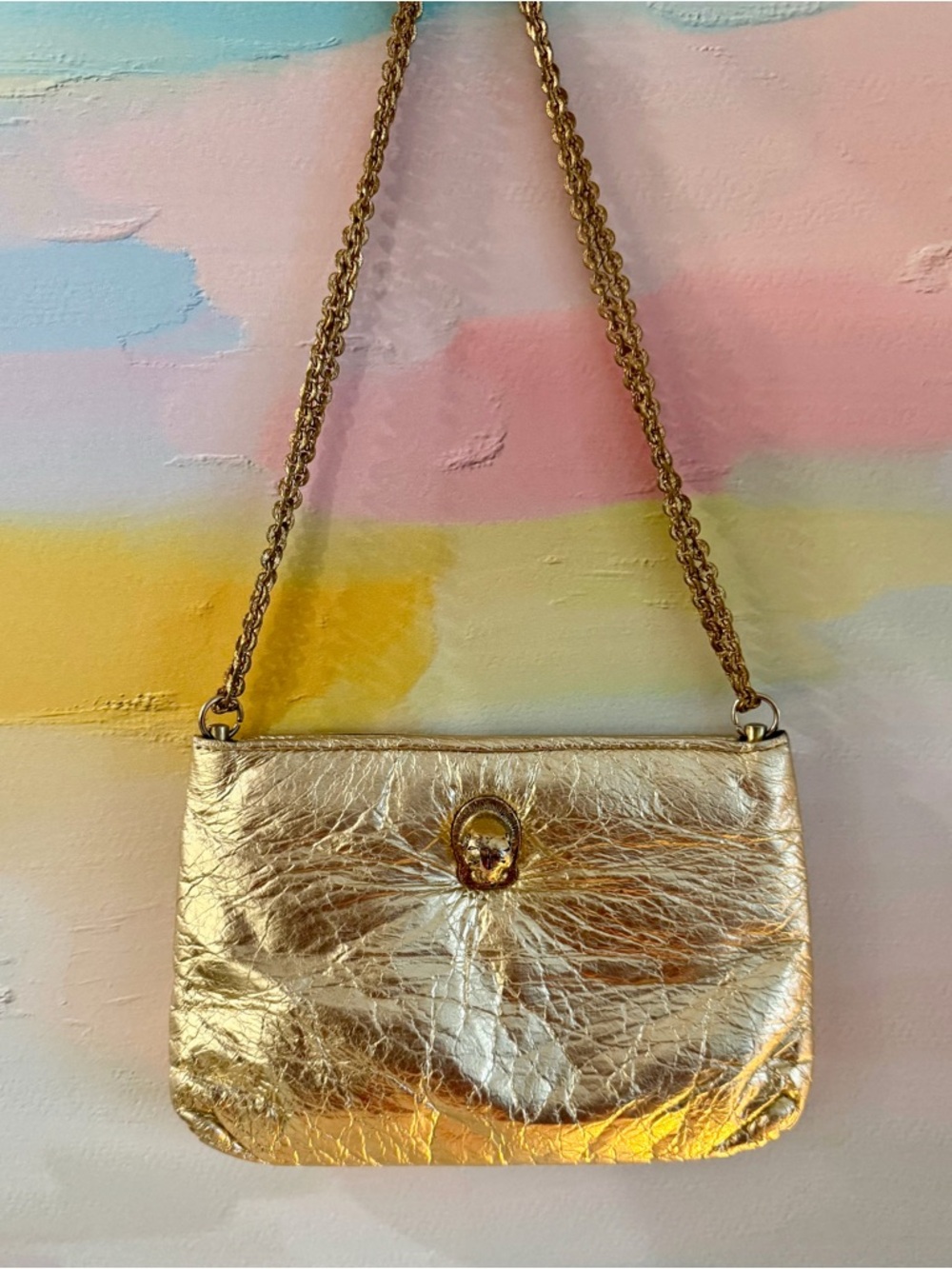 Vintage Ruth Saltz Gold Metallic Leather Evening Bag, Textured Gold Chain Purse